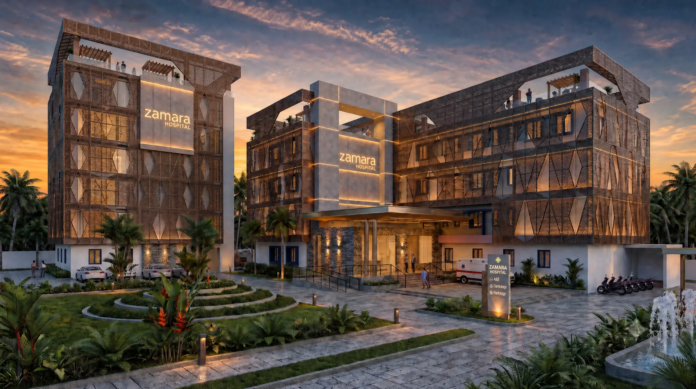 Architectural rendering of Zamara Hospital in Vengara